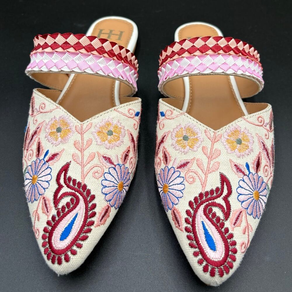 Haute Hippie Embroidered Floral & Paisley Mule Slides Woven Strap Size 8.5 Boho - Picture 2 of 11
